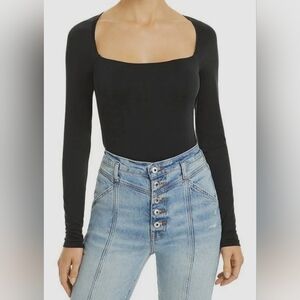 Jonathan Simkhai Black Square Neckline Super Soft Long Sleeve Thong Bodysuit
